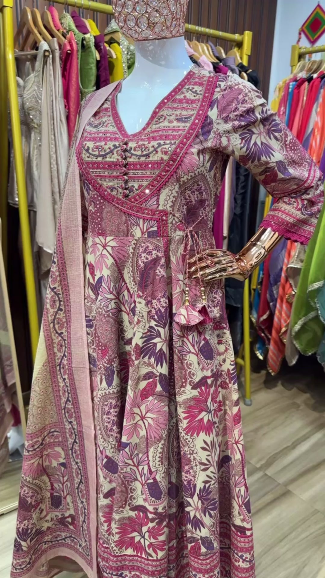 Pink and beige floral printed anarkali