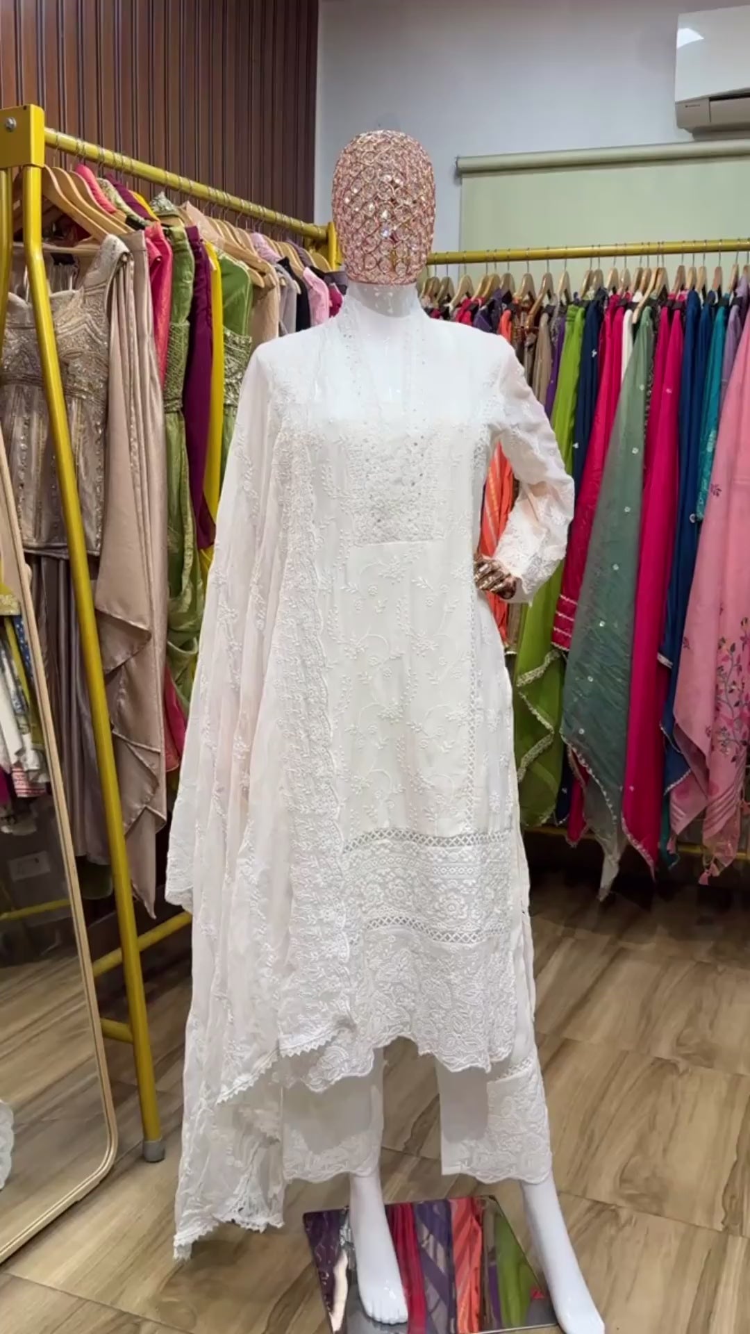 White Mul chikankari straight suit