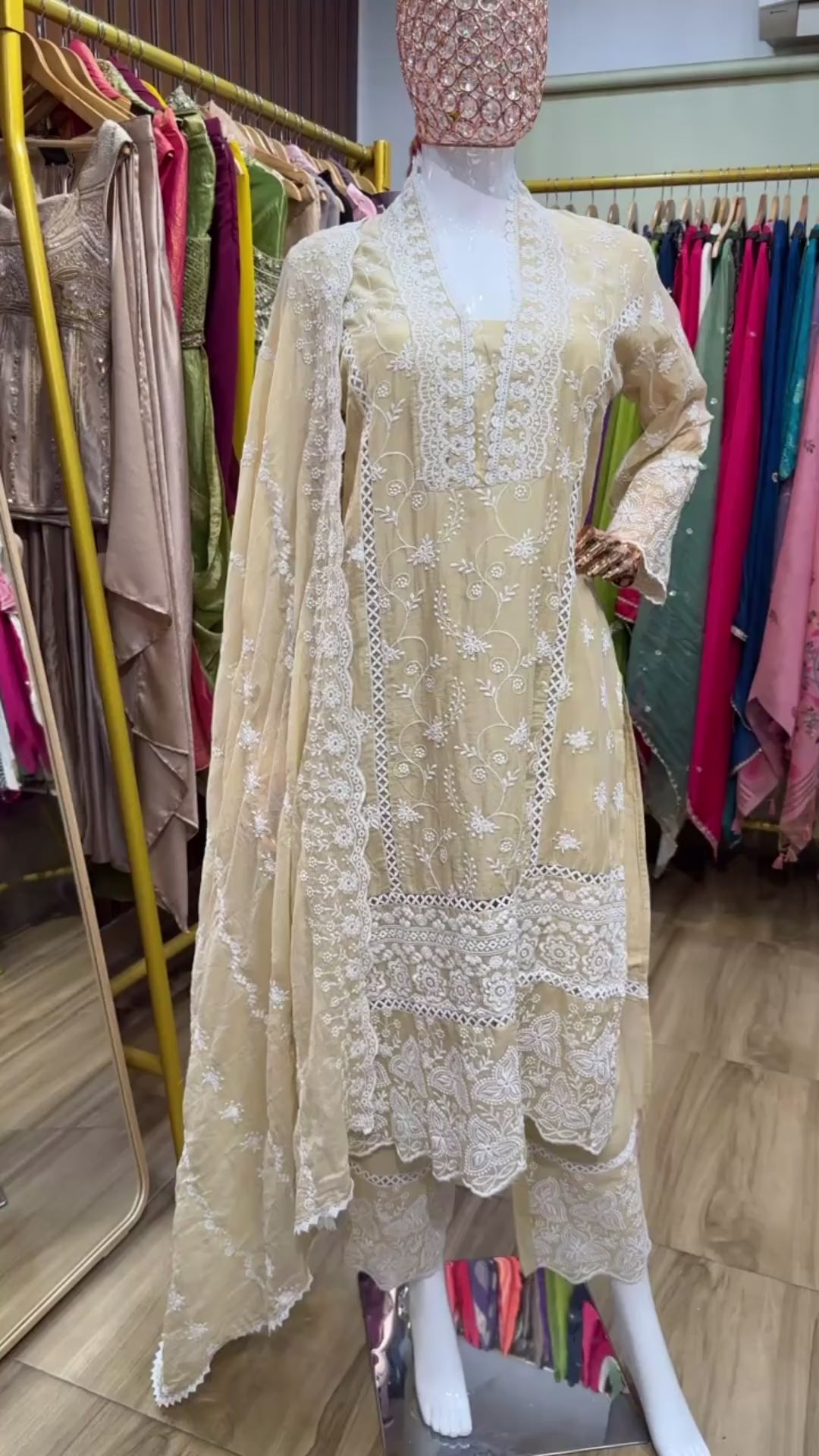 Beige Mul chikankari straight suit