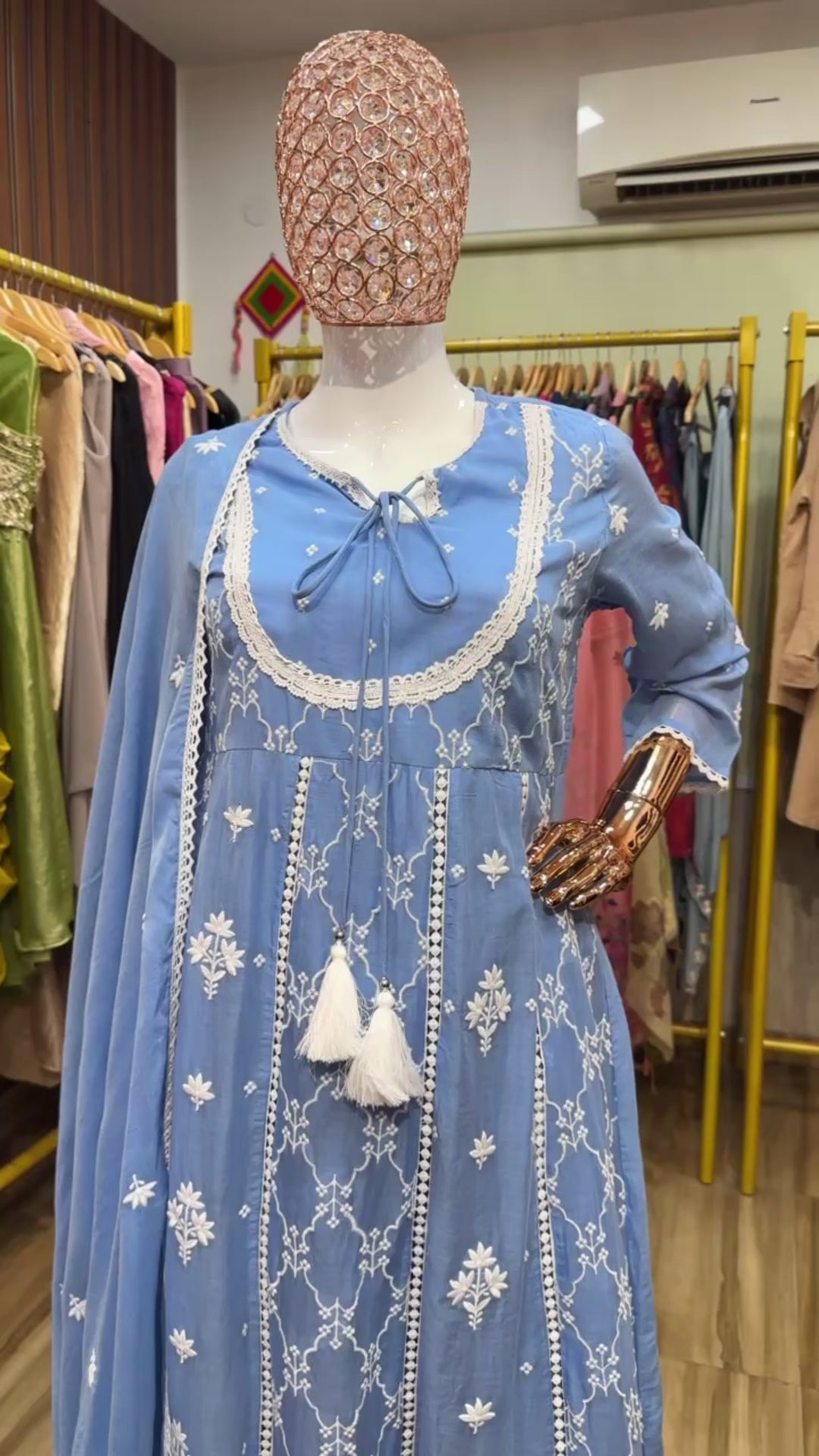 Blue mul mul chikankari anarkali short