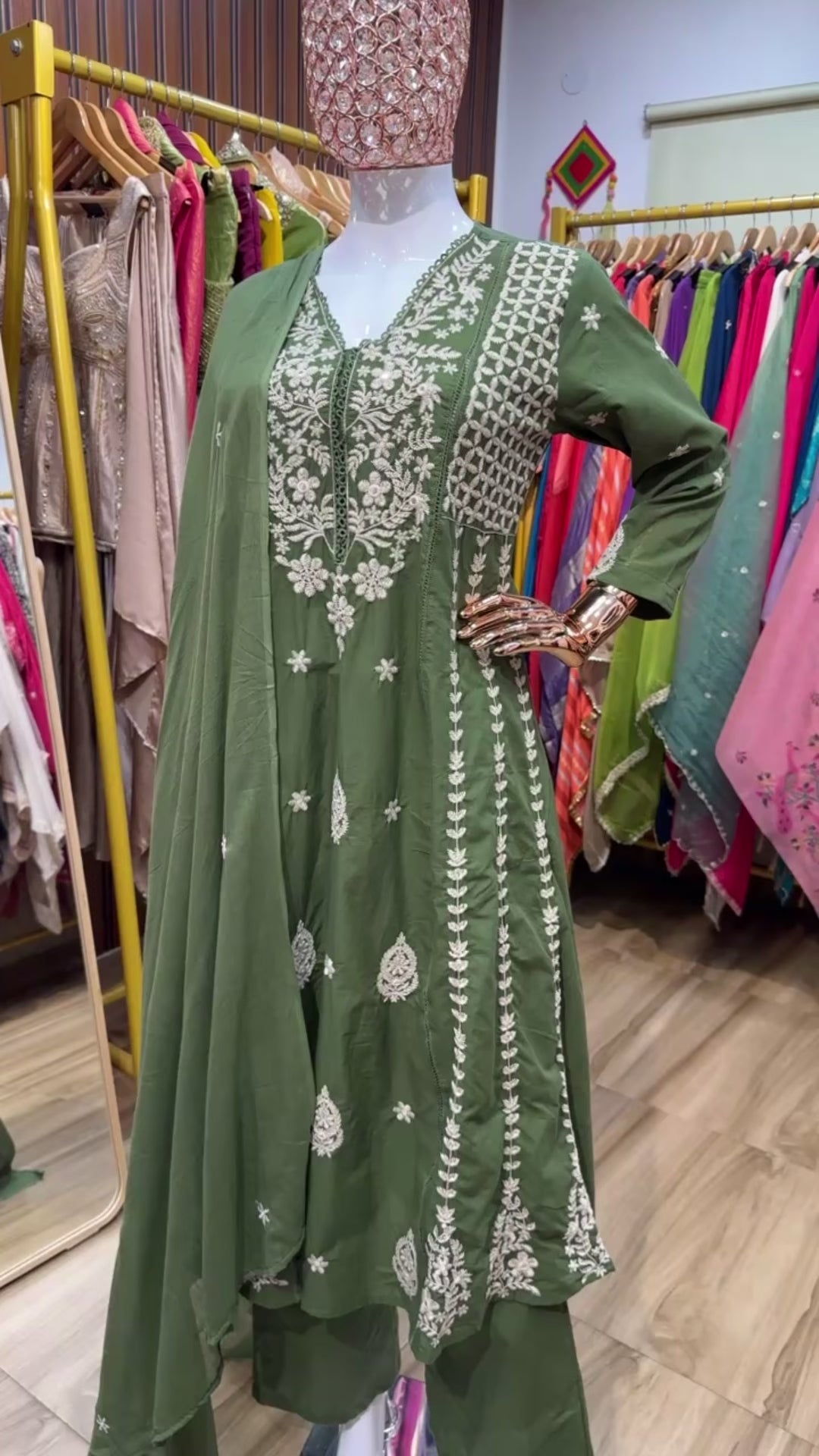 Green A-line chikankari dupatta set