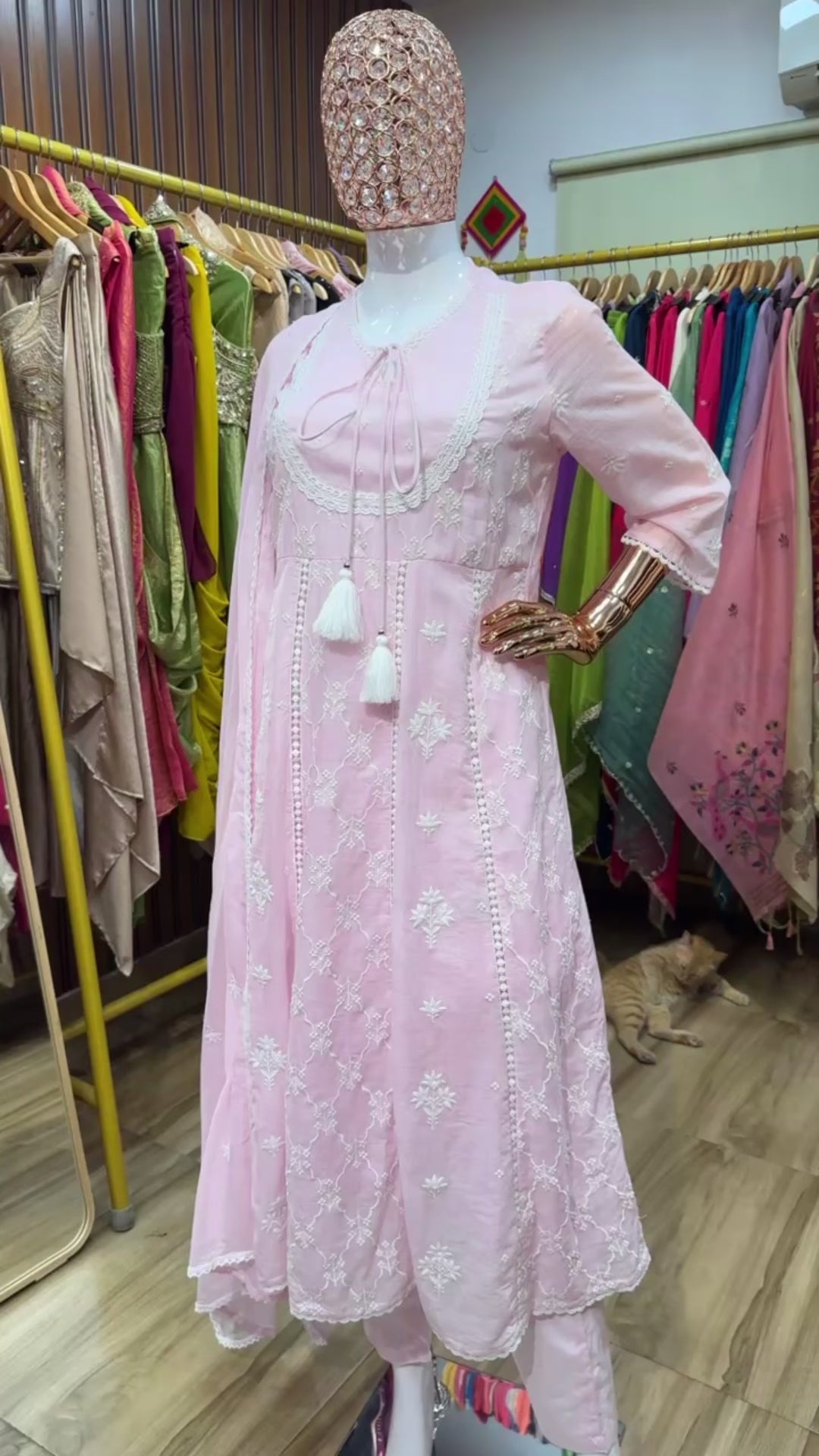 Pink mul mul chikankari anarkali short