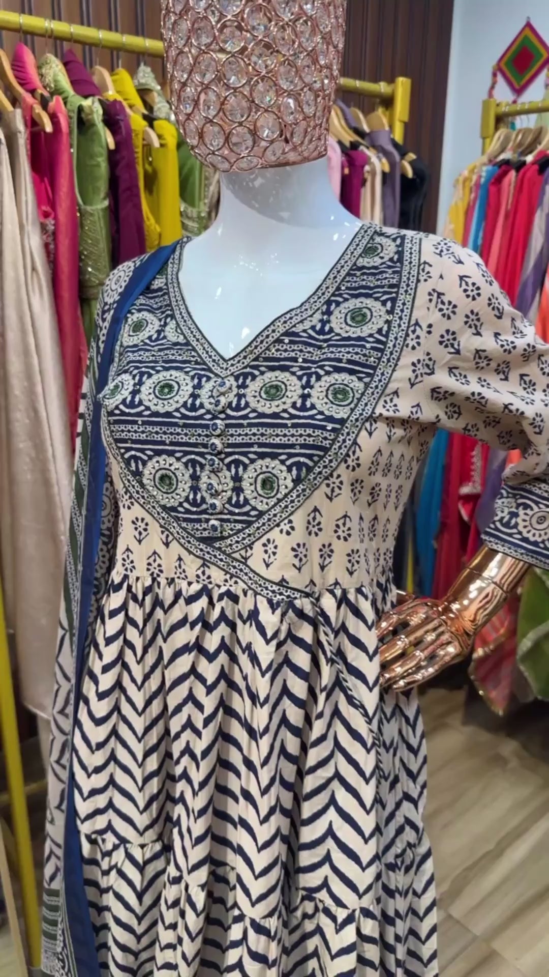 Angrakha style blue and green printed anarkali