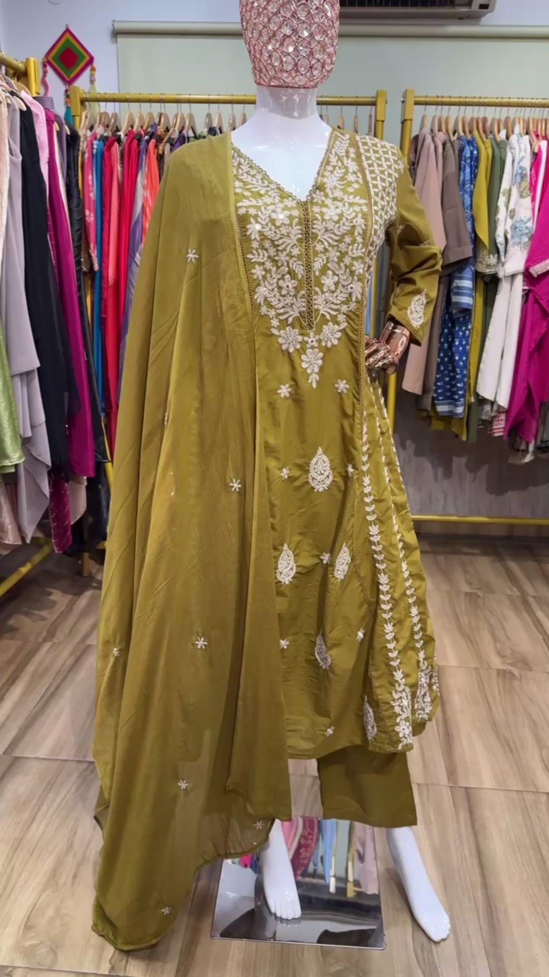 Yellow A-line chikankari dupatta set