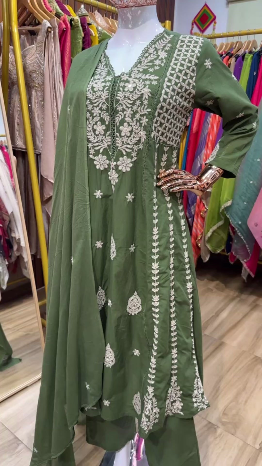Green A-line chikankari dupatta set