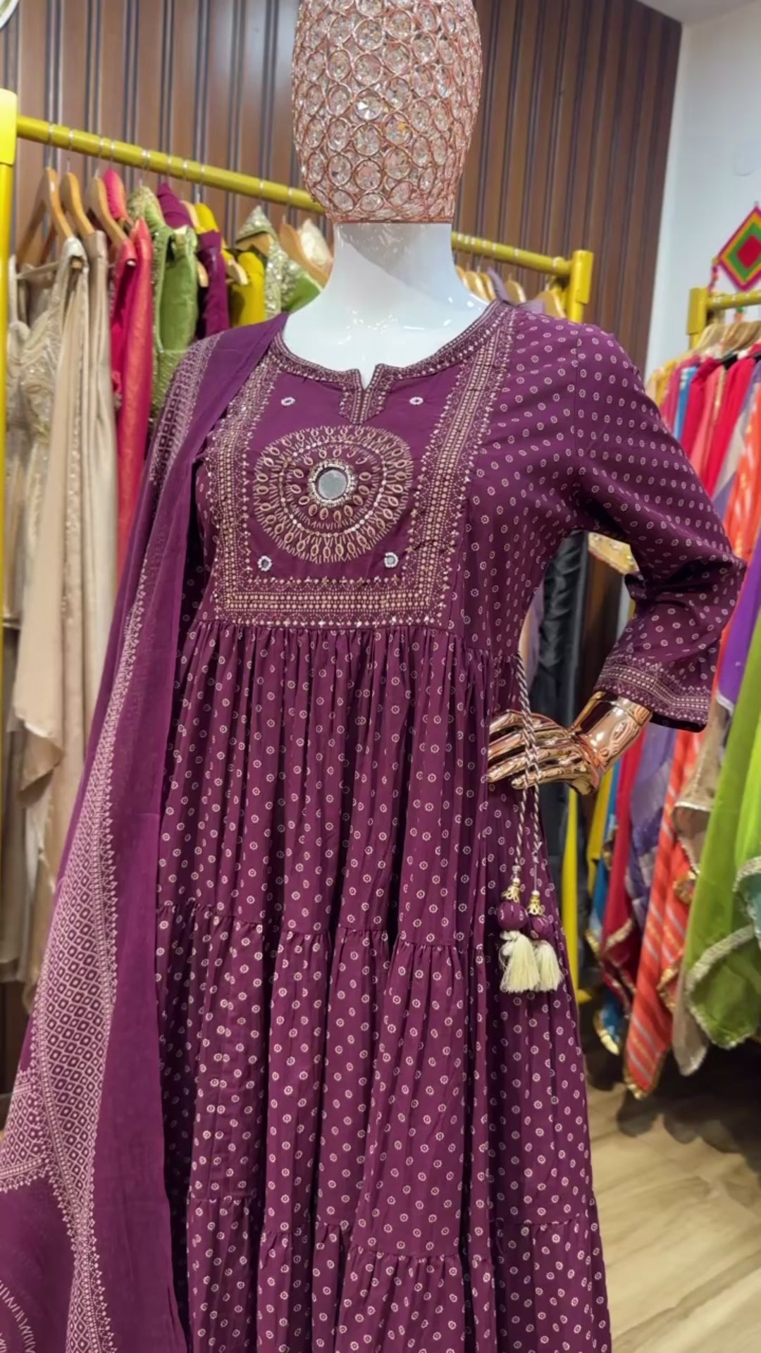 Mulberry Purple printed mirror anarkali