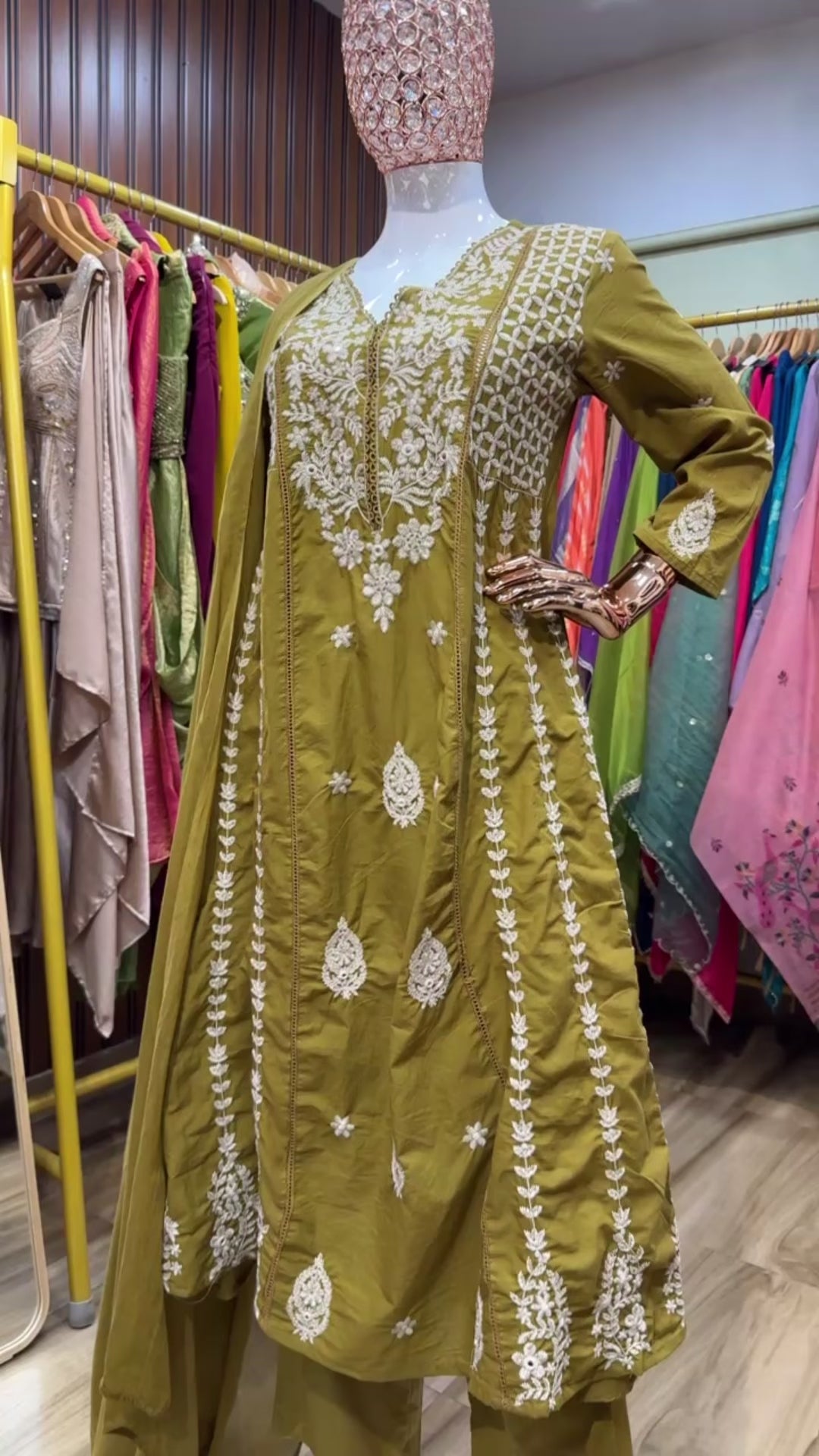 Yellow A-line chikankari dupatta set