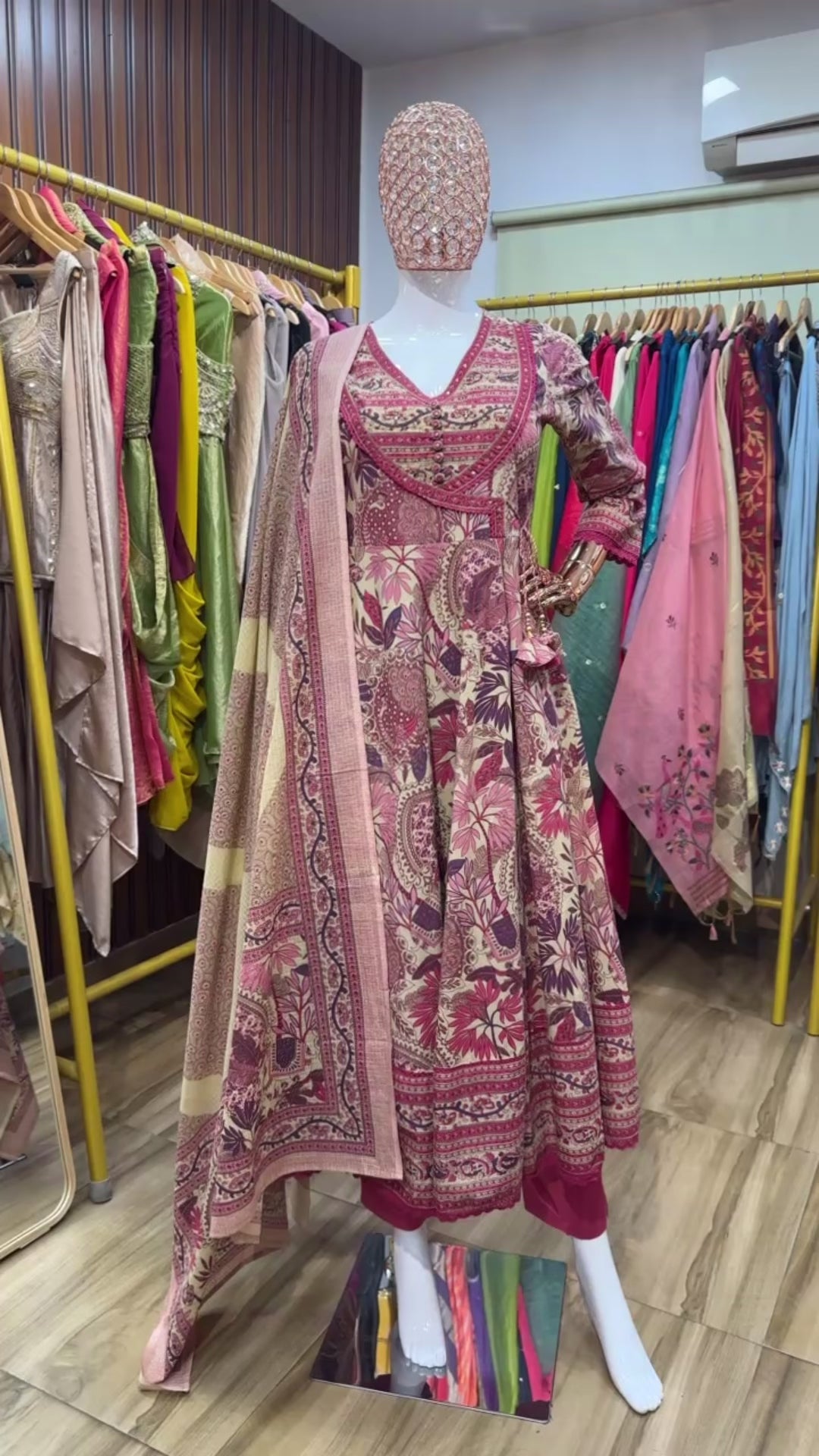Pink and beige floral printed anarkali