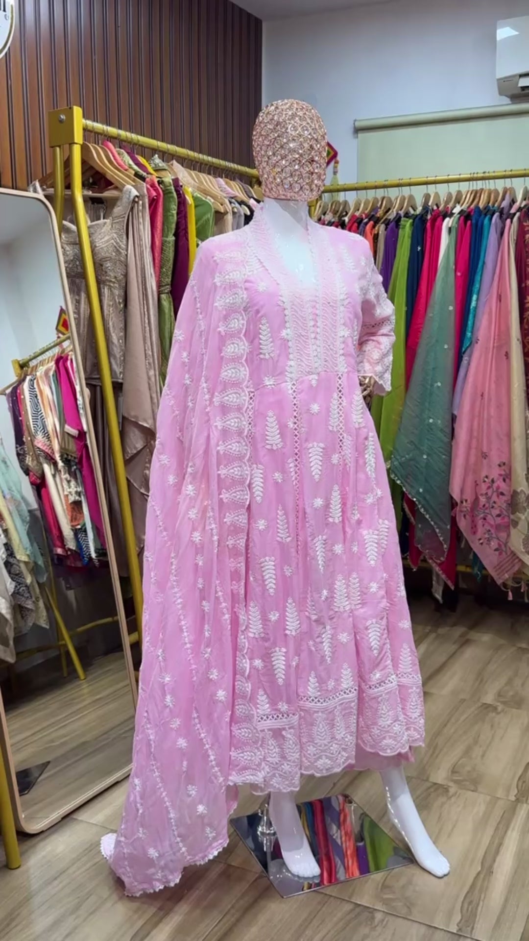 Pink mul mul chikankari anarkali long