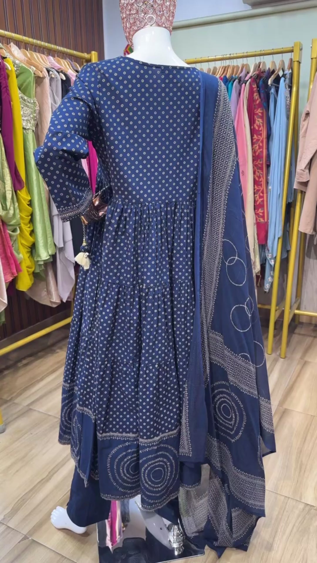 Blue printed mirror anarkali