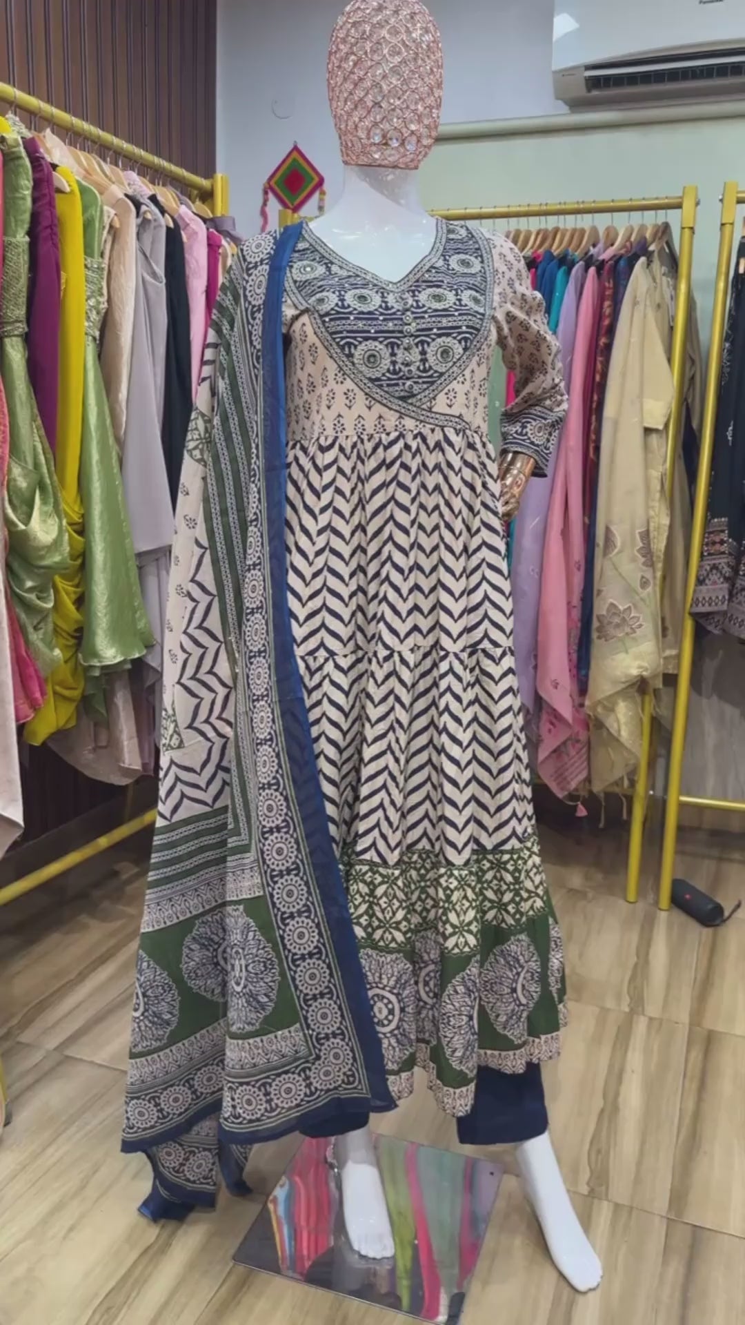 Angrakha style blue and green printed anarkali