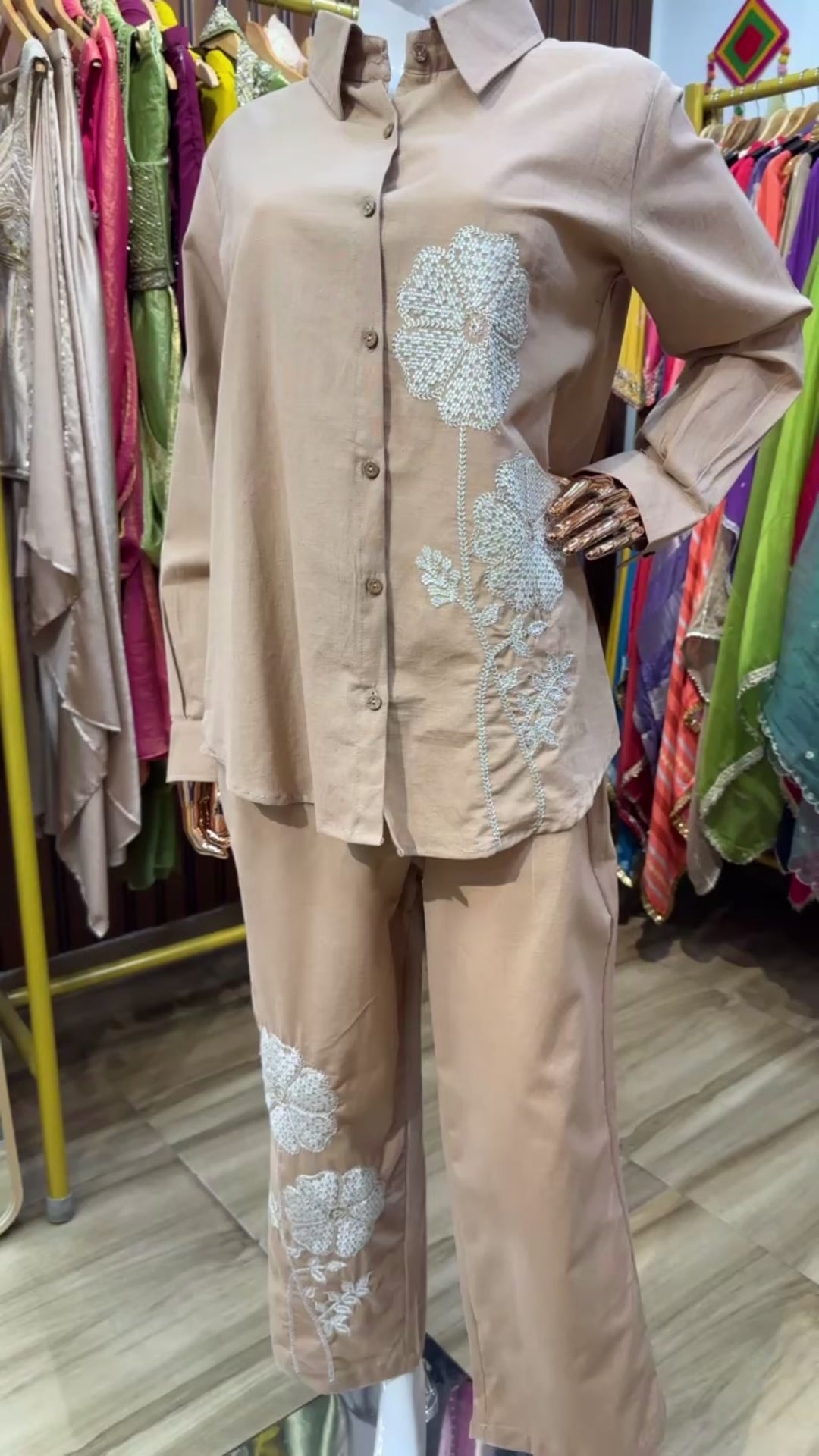 Beige flower embroidery co ord set