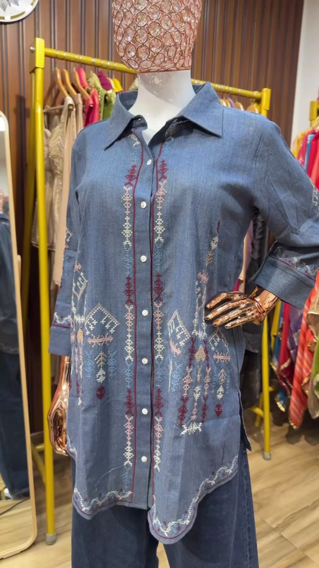 Cotton shirt geometric bohemian embroidery